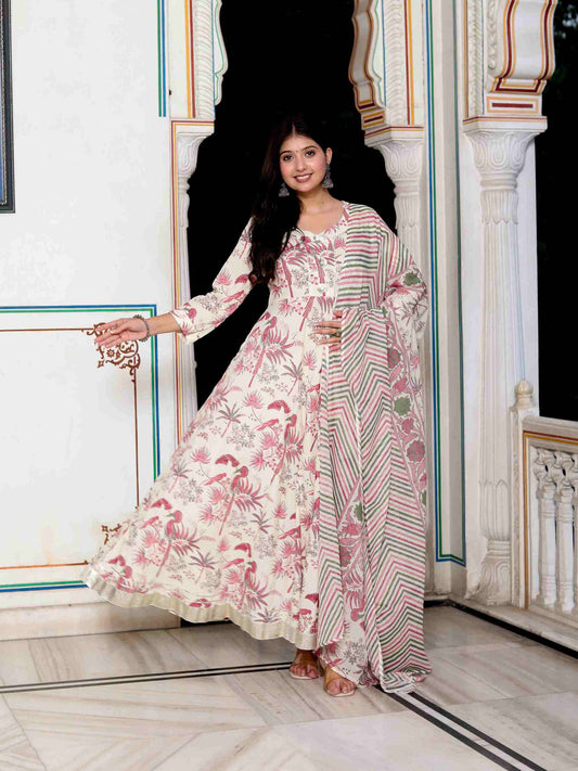 Women's Light Pink Cotton Birds And Leaf Floral Printed Anarkali Kurta And Dupatta Set - Miravan