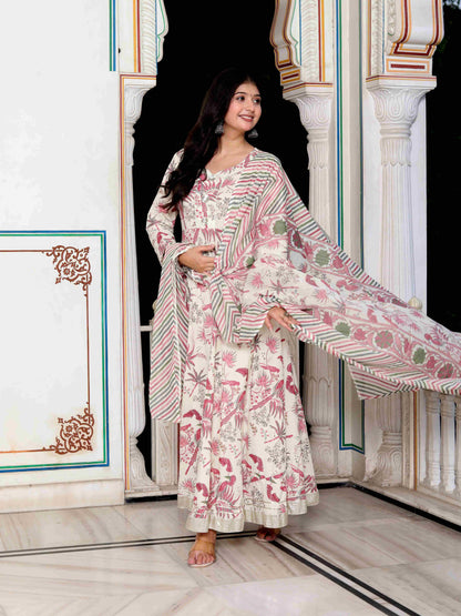 Women's Light Pink Cotton Birds And Leaf Floral Printed Anarkali Kurta And Dupatta Set - Miravan