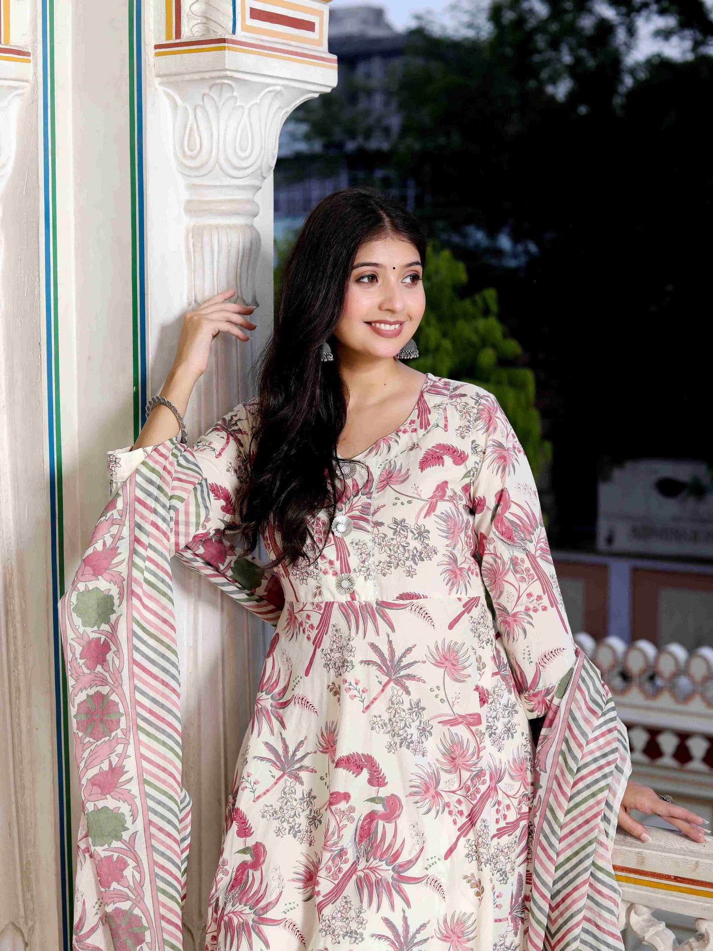 Women's Light Pink Cotton Birds And Leaf Floral Printed Anarkali Kurta And Dupatta Set - Miravan