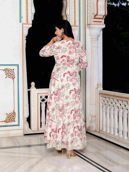 Women's Light Pink Cotton Birds And Leaf Floral Printed Anarkali Kurta And Dupatta Set - Miravan