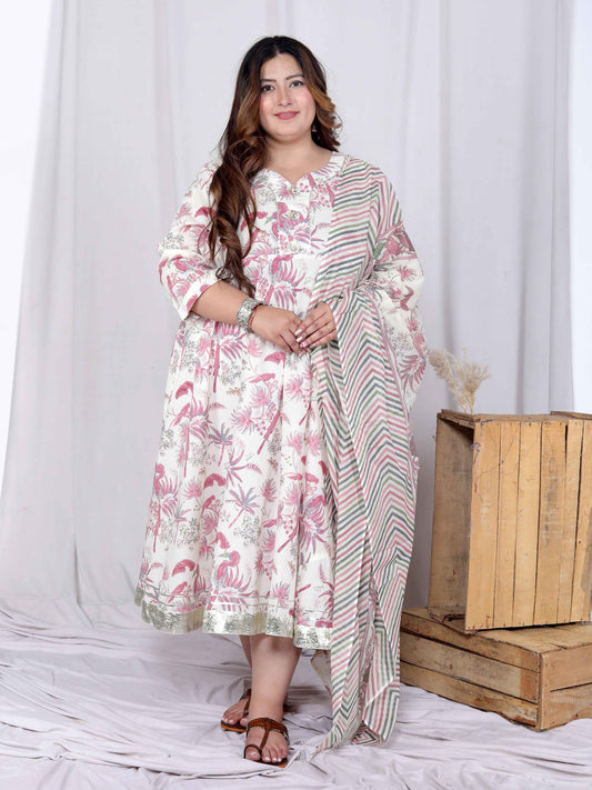 Miravan Womens Plus Size Light Pink Floral Printed and Anarkali Kurta with Dupatta