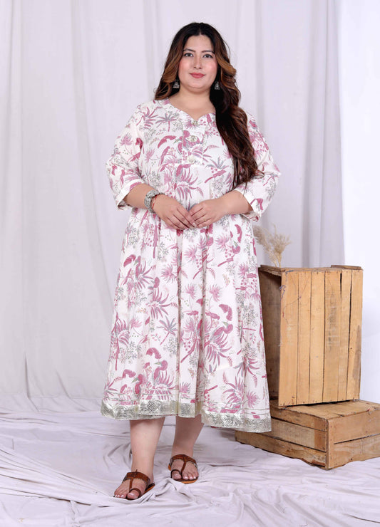 Miravan Women's Plus Size Pink Cotton Gota and Lace Border Birds and Leaf Floral Printed Anarkali Kurta