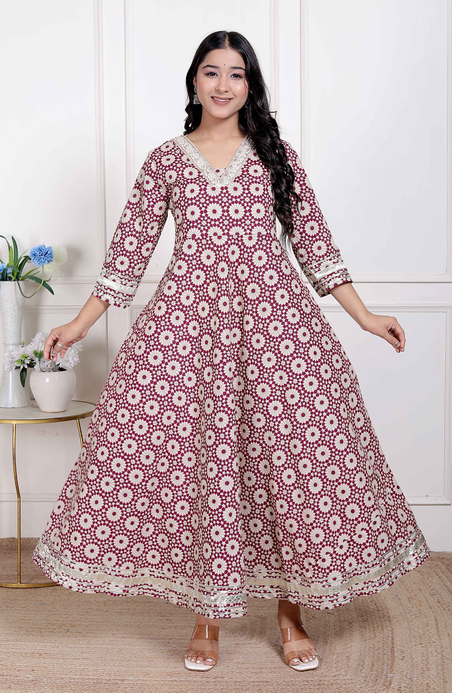 Miravan Women's Cream Embroidered Cotton Anarkali Kurta 