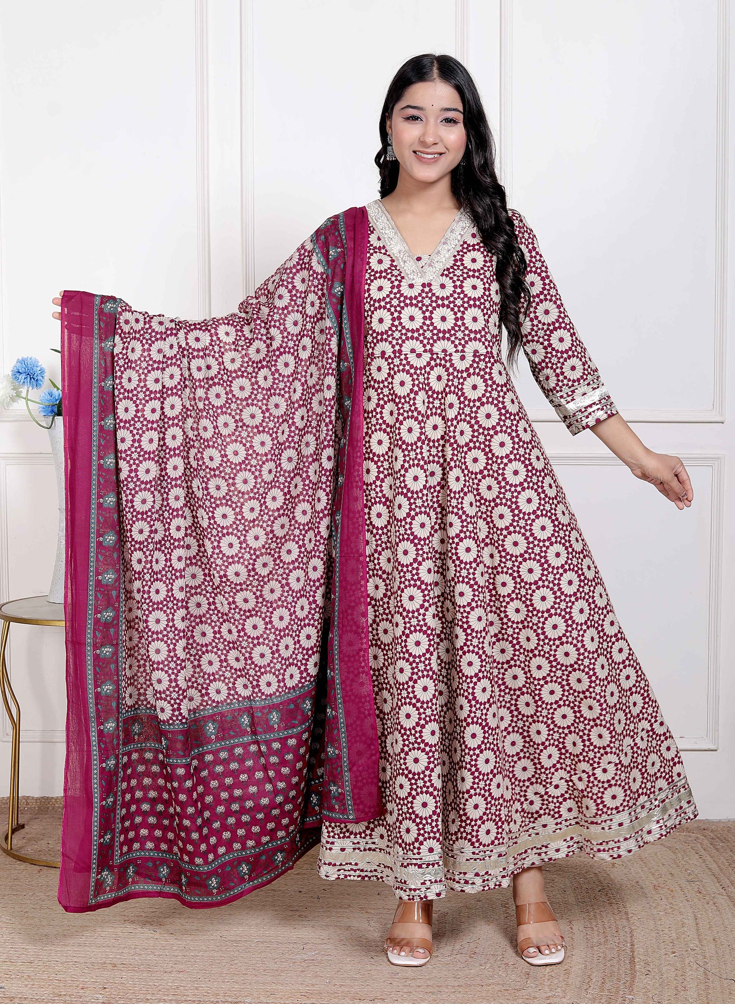 Miravan Women's Cream Embroidered Cotton Anarkali Kurta and Dupatta
