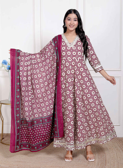 Miravan Women's Cream Embroidered Cotton Anarkali Kurta and Dupatta