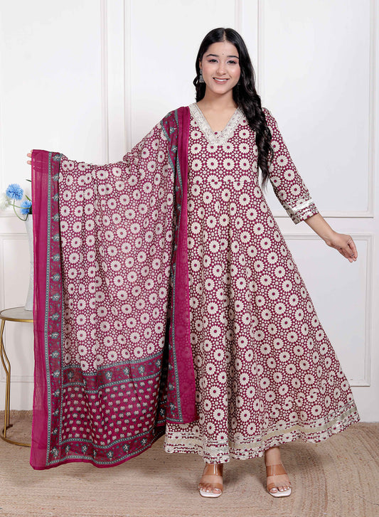 Miravan Women's Cream Embroidered Cotton Anarkali Kurta and Dupatta