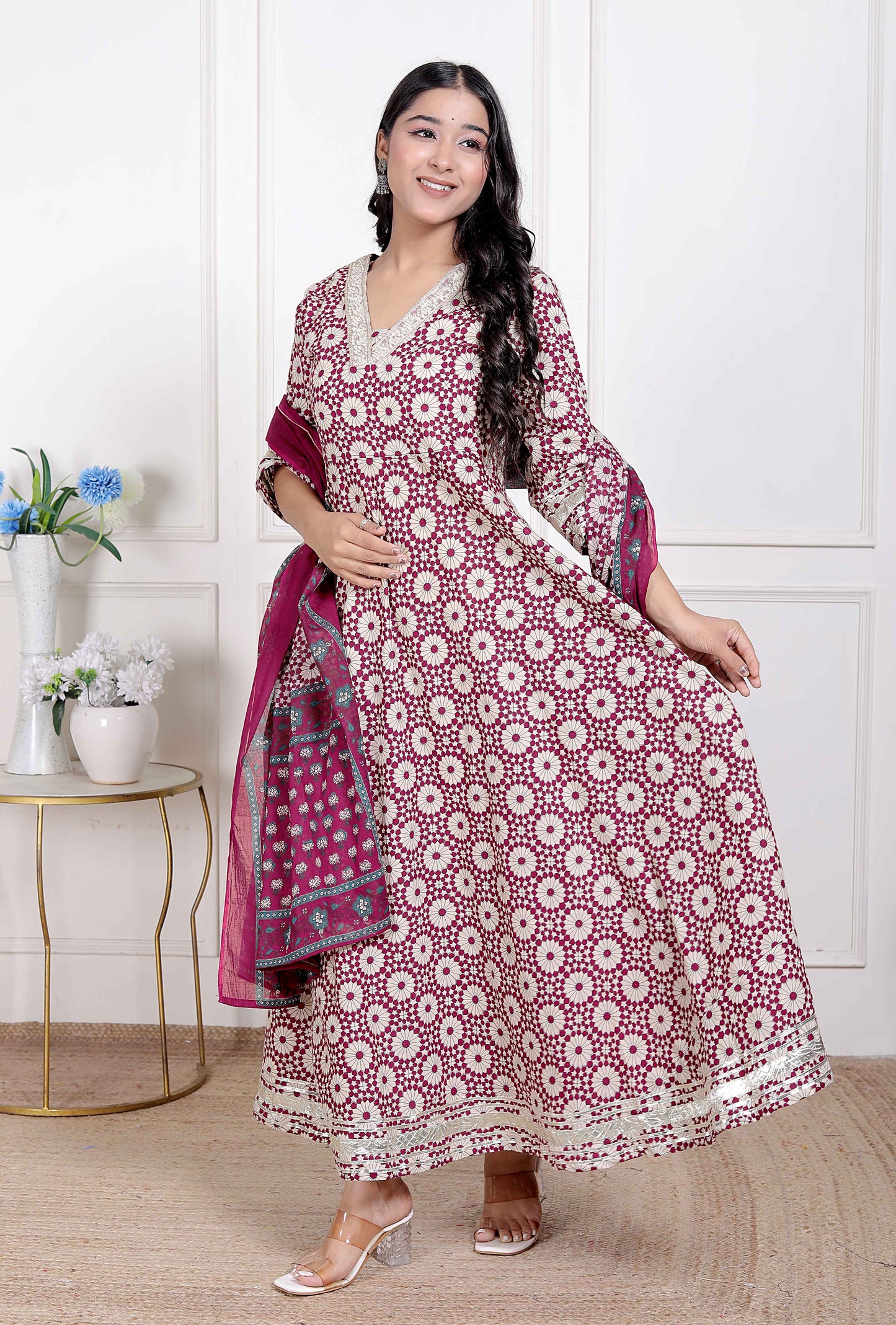 Miravan Women's Cream Embroidered Cotton Anarkali Kurta and Dupatta