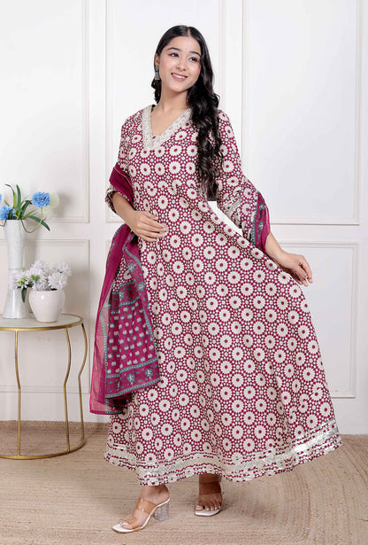 Miravan Women's Cream Embroidered Cotton Anarkali Kurta and Dupatta