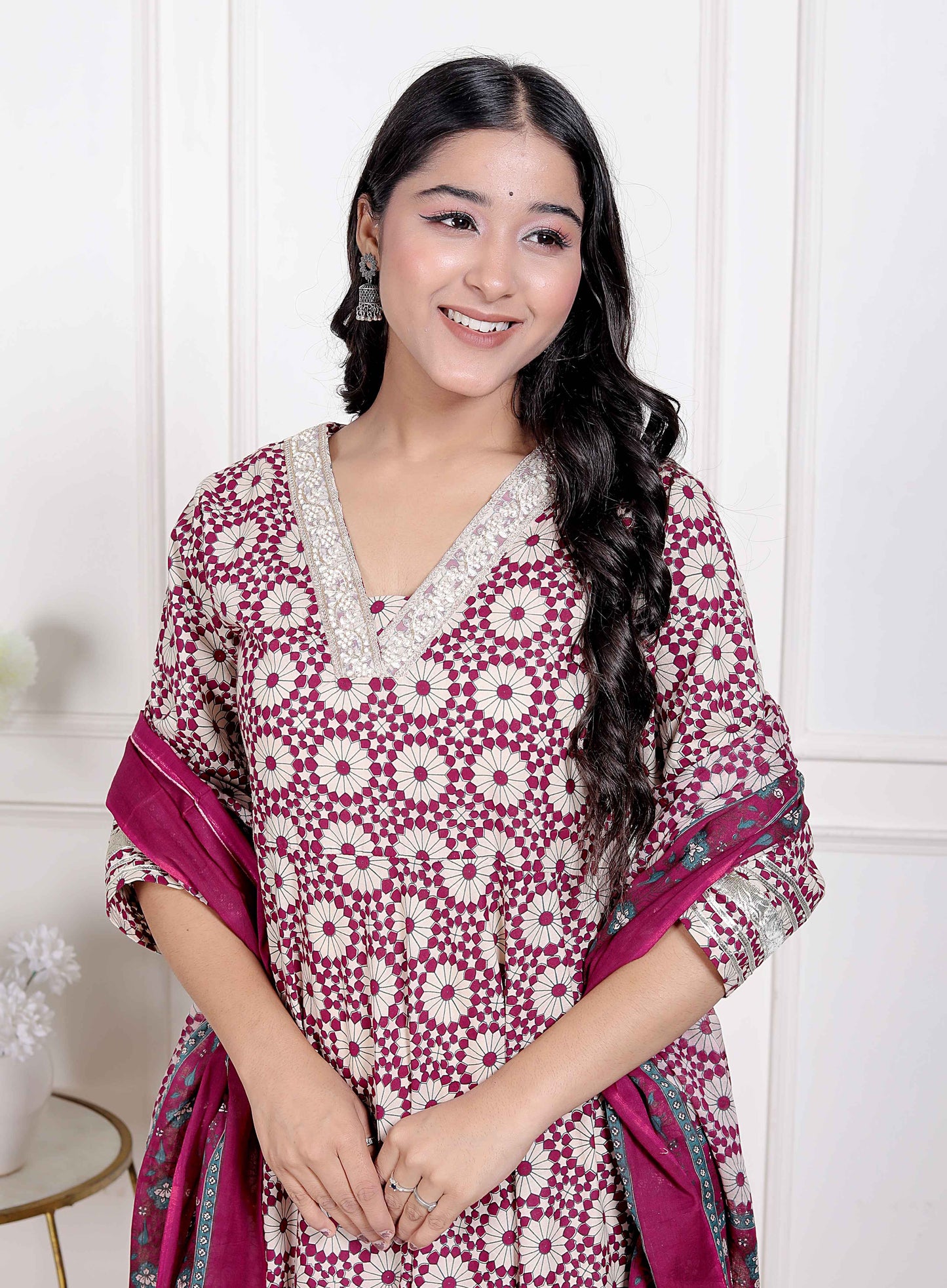 Miravan Women's Cream Embroidered Cotton Anarkali Kurta and Dupatta