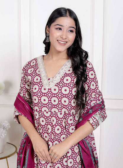 Miravan Women's Cream Embroidered Cotton Anarkali Kurta and Dupatta