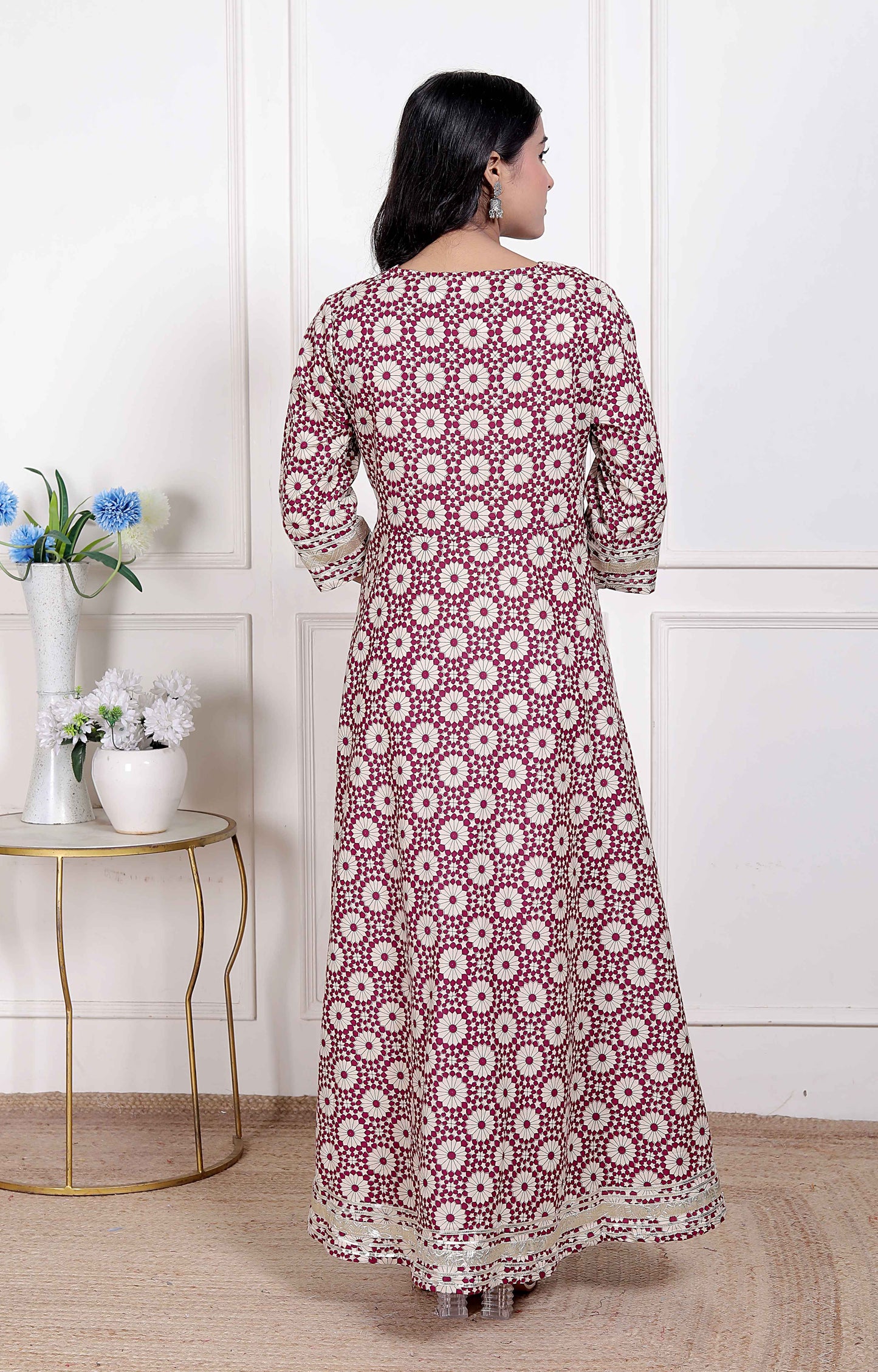 Miravan Women's Cream Embroidered Cotton Anarkali Kurta and Dupatta