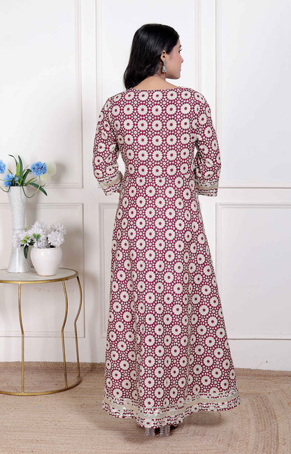 Miravan Women's Cream Embroidered Cotton Anarkali Kurta and Dupatta