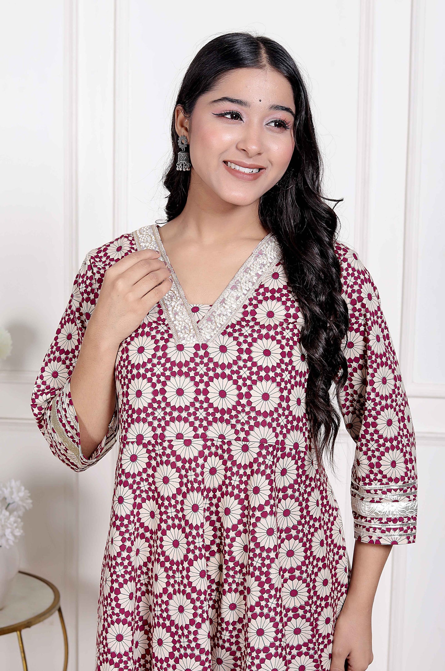 Miravan Women's Cream Embroidered Cotton Anarkali Kurta and Dupatta