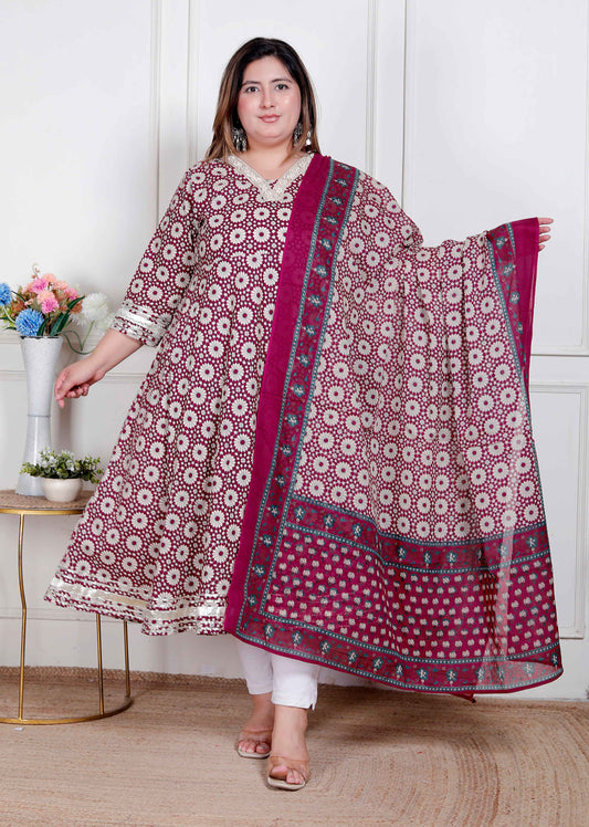 Miravan Plus Size Women's Cream Embroidered Cotton Anarkali Kurta and Dupatta