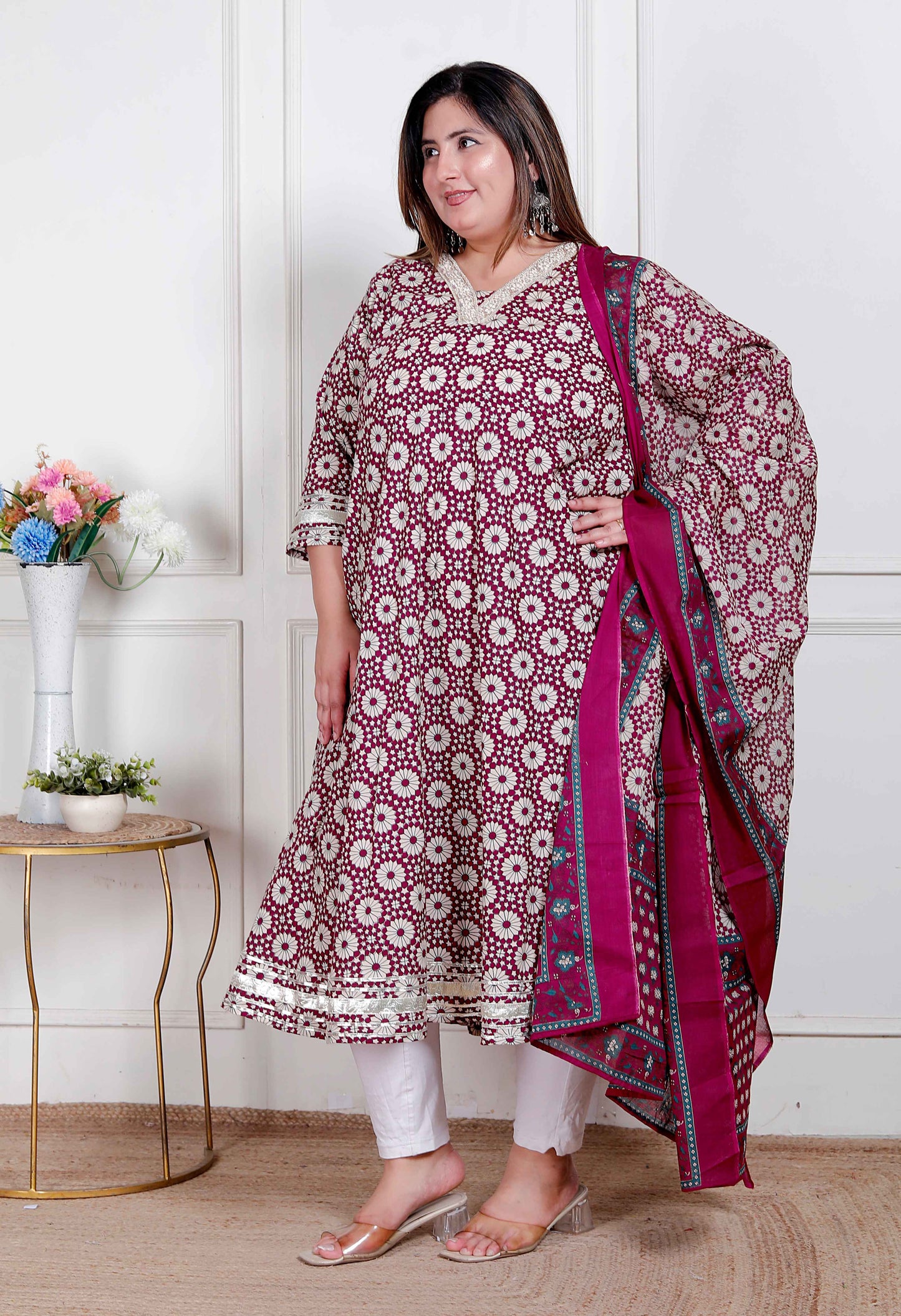 Miravan Plus Size Women's Cream Embroidered Cotton Anarkali Kurta and Dupatta