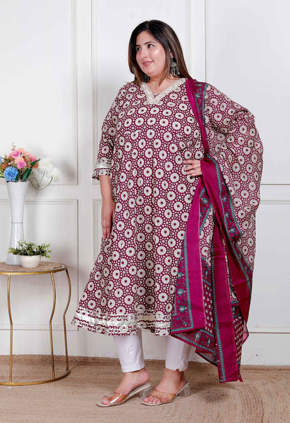 Miravan Plus Size Women's Cream Embroidered Cotton Anarkali Kurta and Dupatta