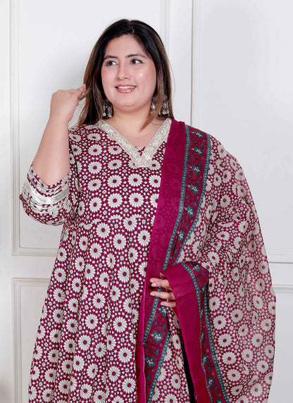 Miravan Plus Size Women's Cream Embroidered Cotton Anarkali Kurta and Dupatta