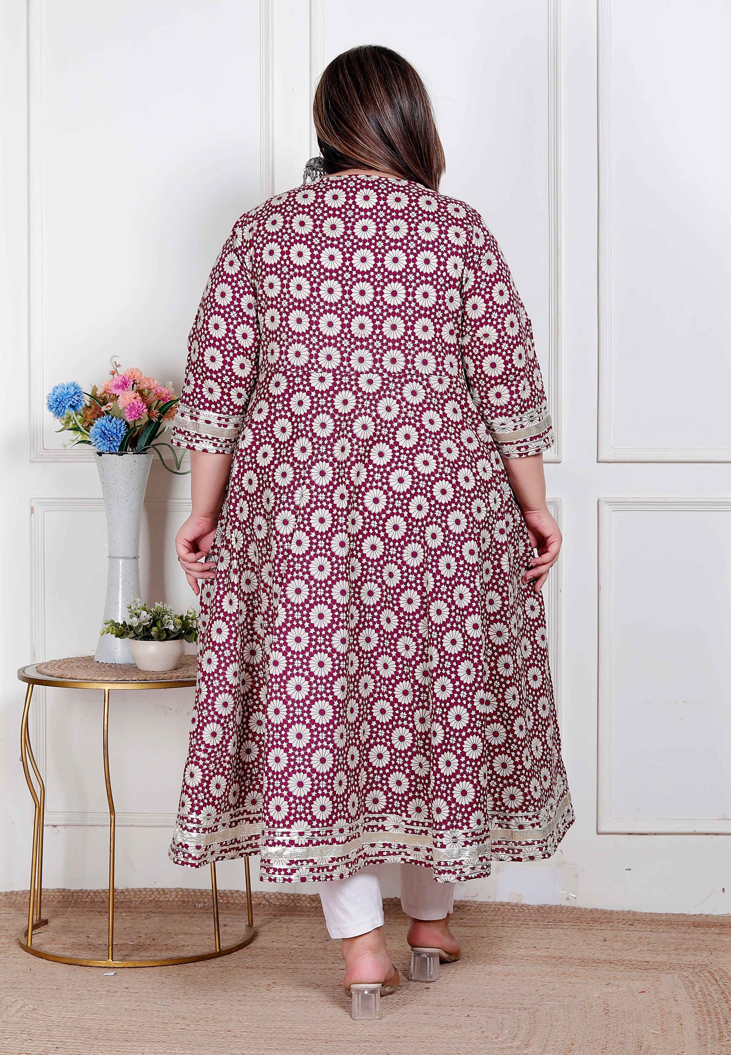 Miravan Plus Size Women's Cream Embroidered Cotton Anarkali Kurta and Dupatta