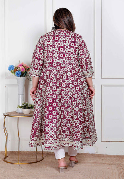 Miravan Plus Size Women's Cream Embroidered Cotton Anarkali Kurta and Dupatta