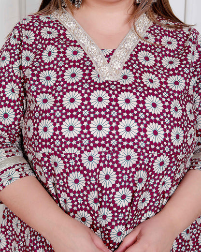 Miravan Plus Size Women's Cream Embroidered Cotton Anarkali Kurta and Dupatta