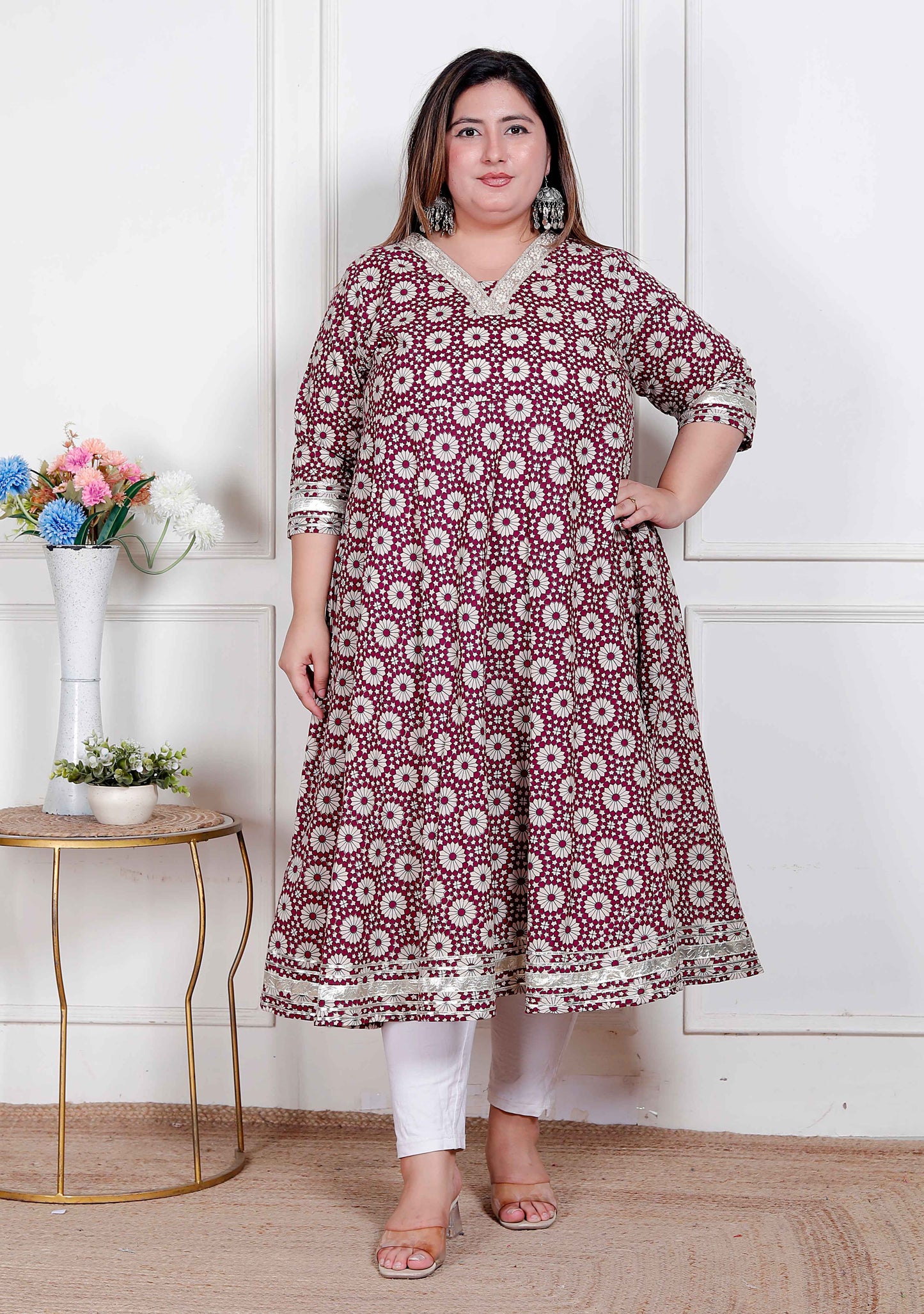 Miravan Plus Size Women's Cream Embroidered Cotton Anarkali Kurta 