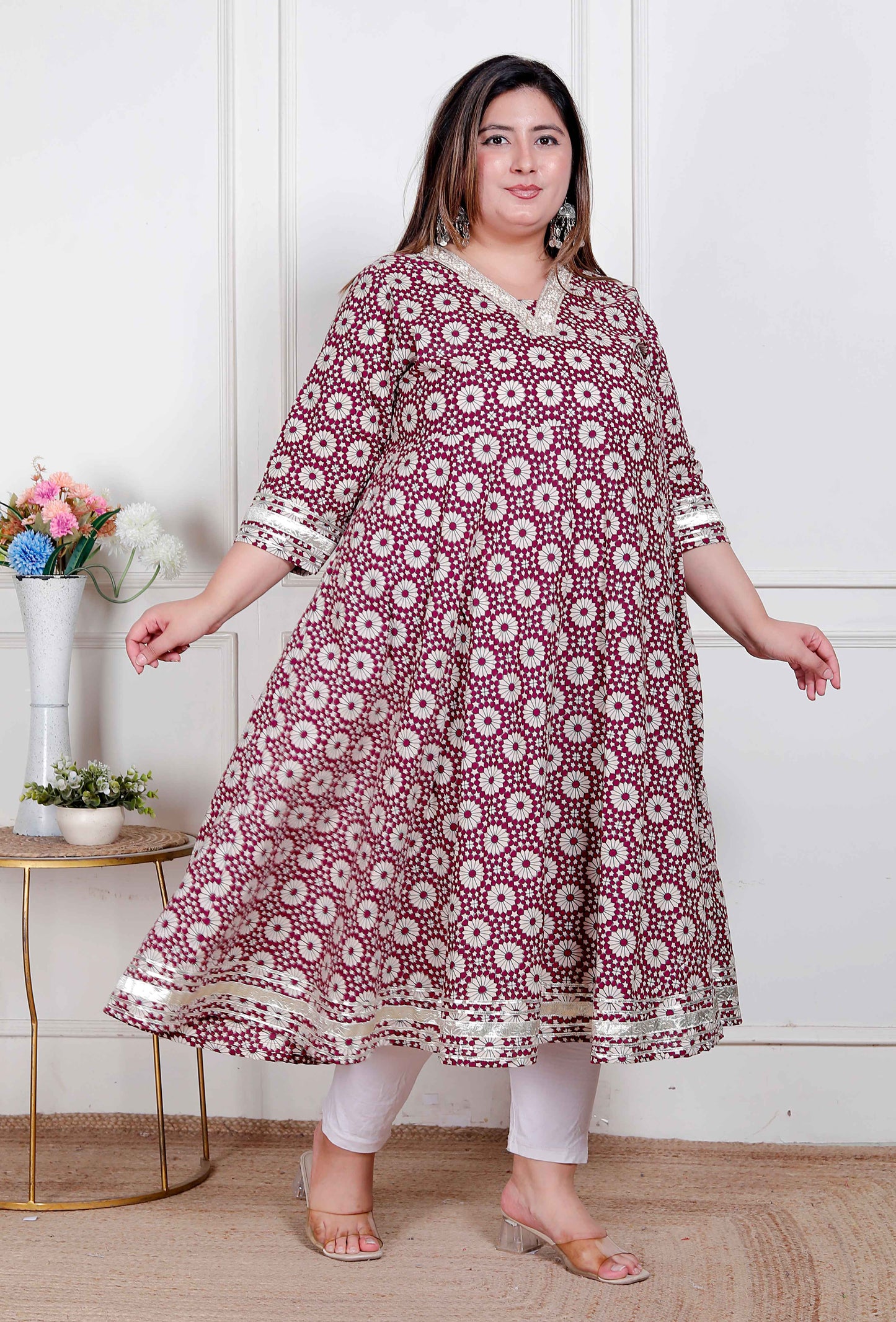 Miravan Plus Size Women's Cream Embroidered Cotton Anarkali Kurta 