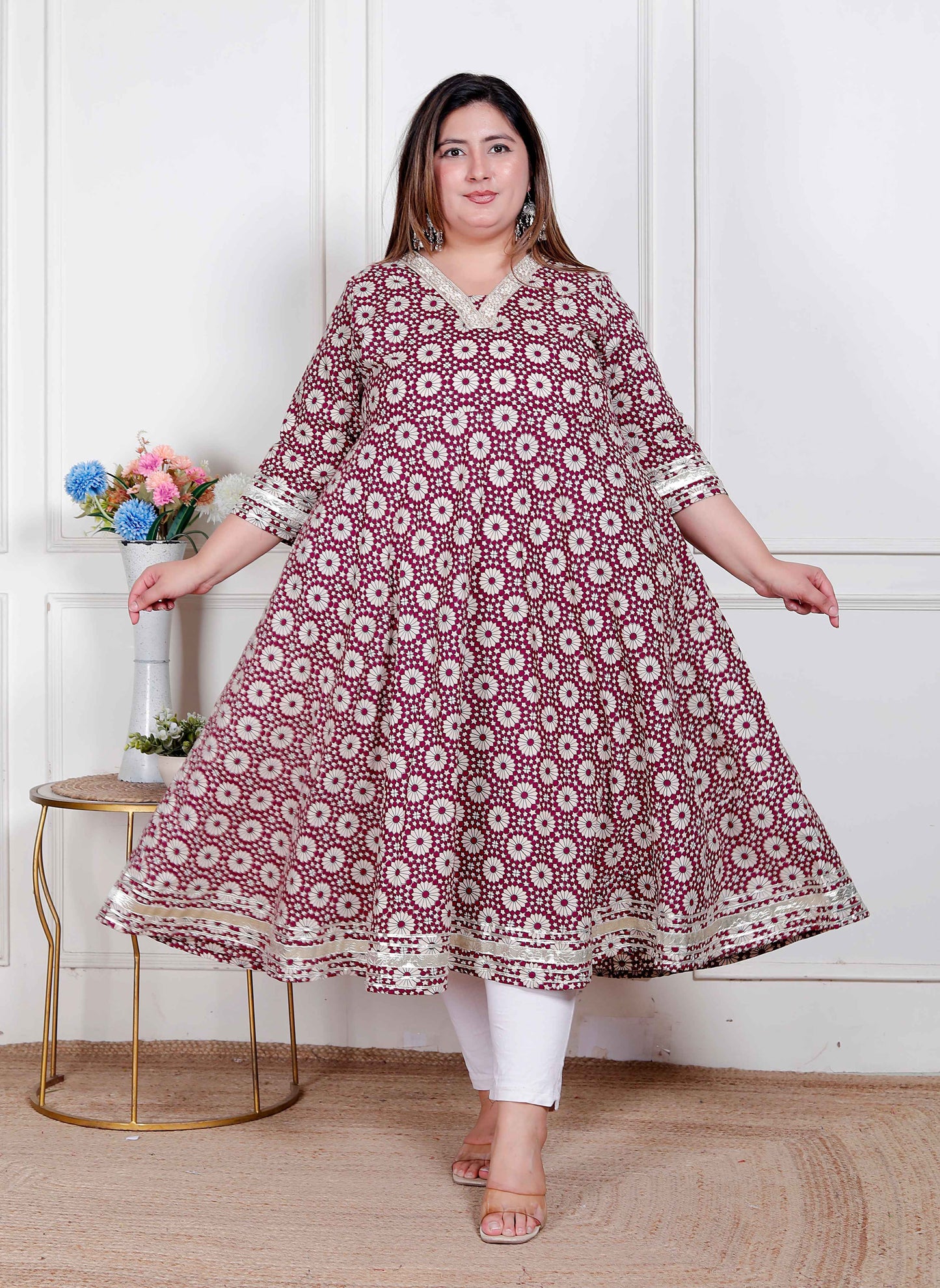 Miravan Plus Size Women's Cream Embroidered Cotton Anarkali Kurta 