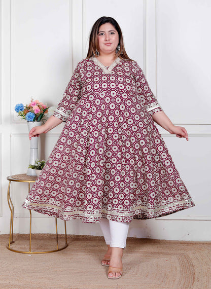 Miravan Plus Size Women's Cream Embroidered Cotton Anarkali Kurta 