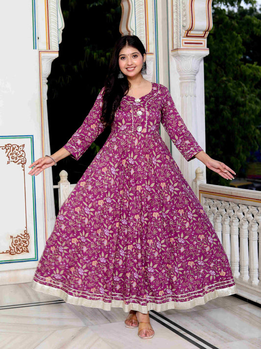 Women's Cotton Gotapatti And Lace Border Details Floral Printed Purple Anarkali Kurta - Miravan
