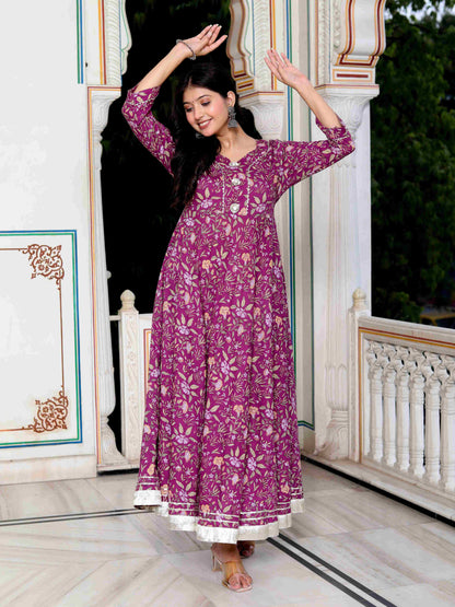 Women's Cotton Gotapatti And Lace Border Details Floral Printed Purple Anarkali Kurta - Miravan