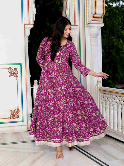Women's Cotton Gotapatti And Lace Border Details Floral Printed Purple Anarkali Kurta - Miravan