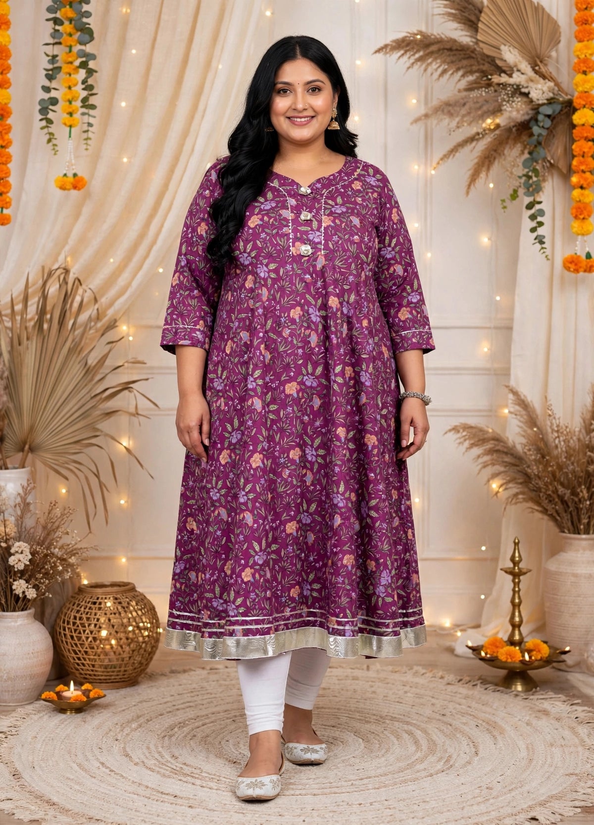 Miravan Womens Plus Size Cotton Gotapatti  Lace Border Floral Printed Purple Anarkali Kurta
