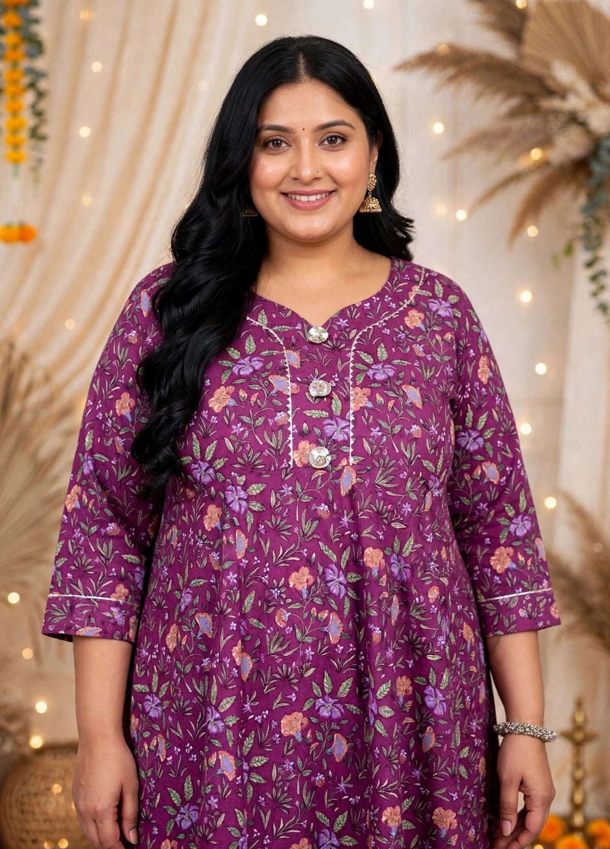 Miravan Womens Plus Size Cotton Gotapatti  Lace Border Floral Printed Purple Anarkali Kurta