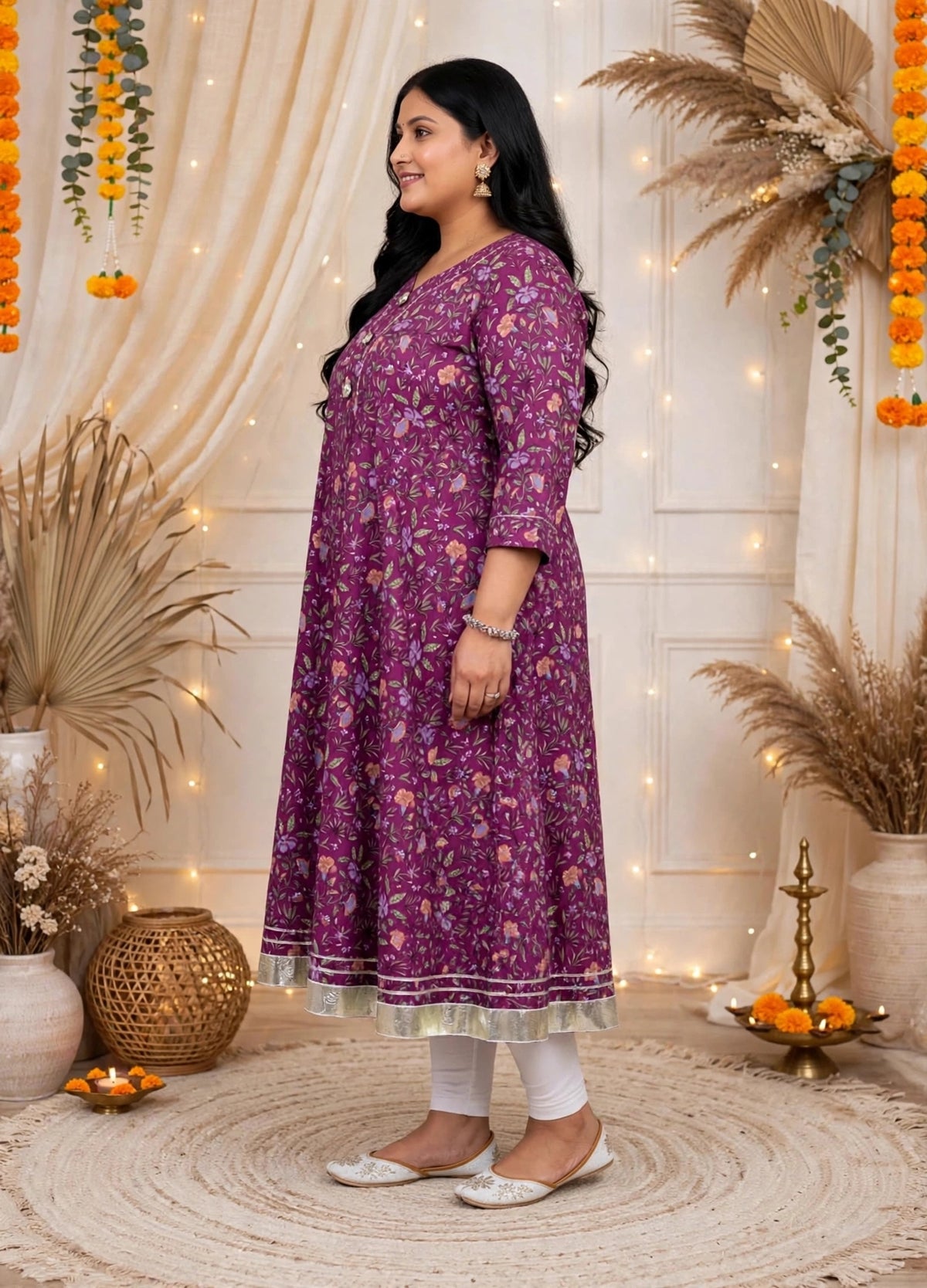 Miravan Womens Plus Size Cotton Gotapatti  Lace Border Floral Printed Purple Anarkali Kurta