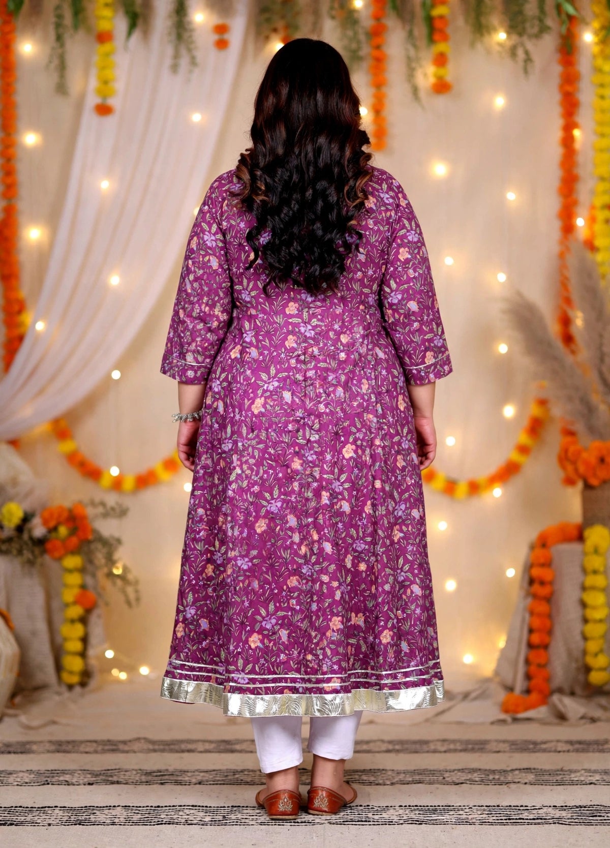 Miravan Womens Plus Size Cotton Gotapatti  Lace Border Floral Printed Purple Anarkali Kurta