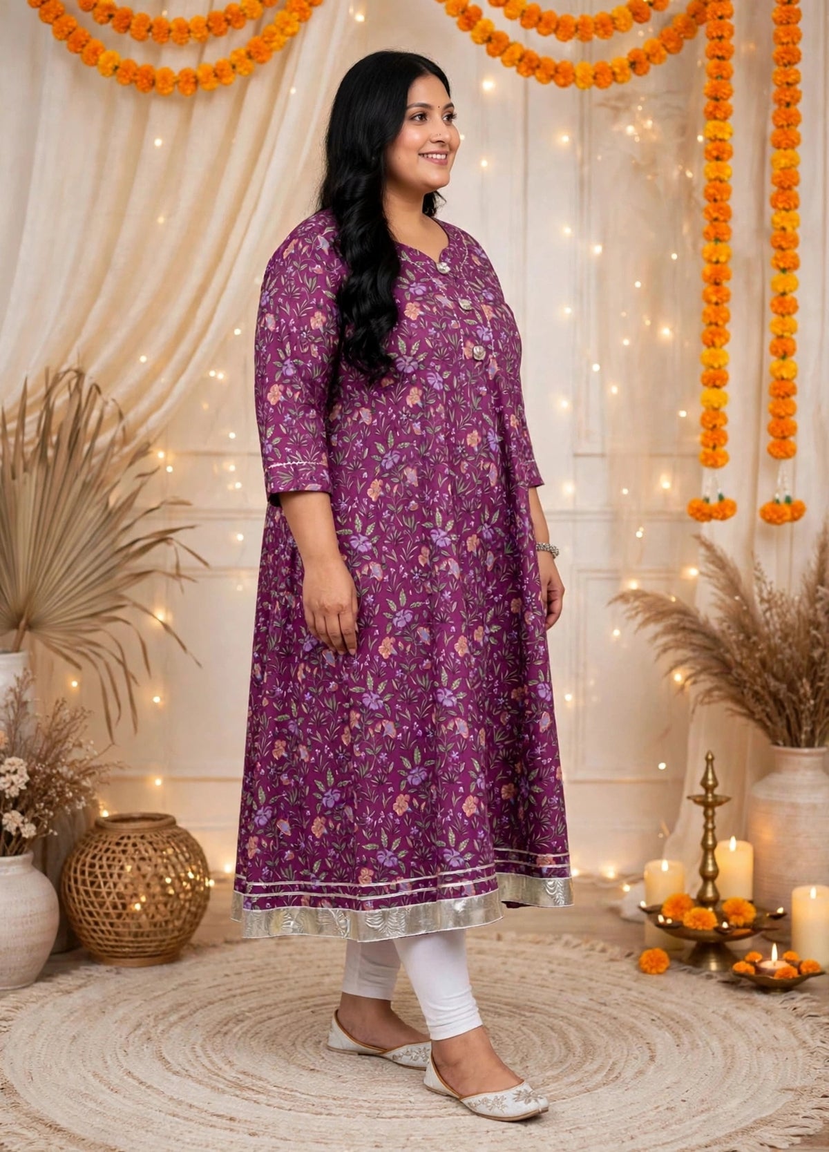 Miravan Womens Plus Size Cotton Gotapatti  Lace Border Floral Printed Purple Anarkali Kurta