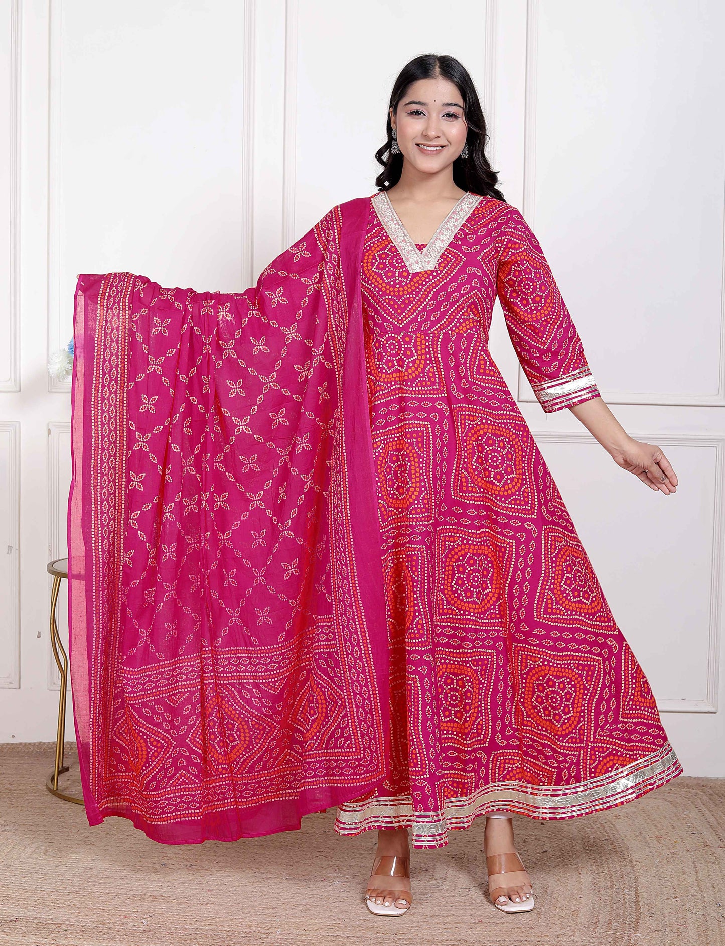Miravan Women's Bandhani ethnic Anarkali Kurta  and Dupatta