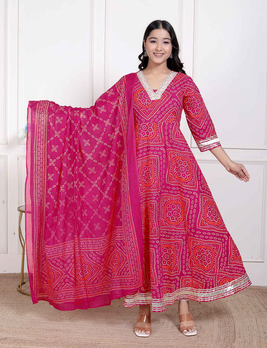 Miravan Women's Bandhani ethnic Anarkali Kurta  and Dupatta