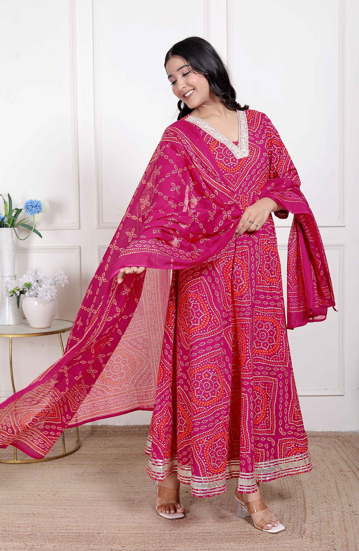 Miravan Women's Bandhani ethnic Anarkali Kurta  and Dupatta