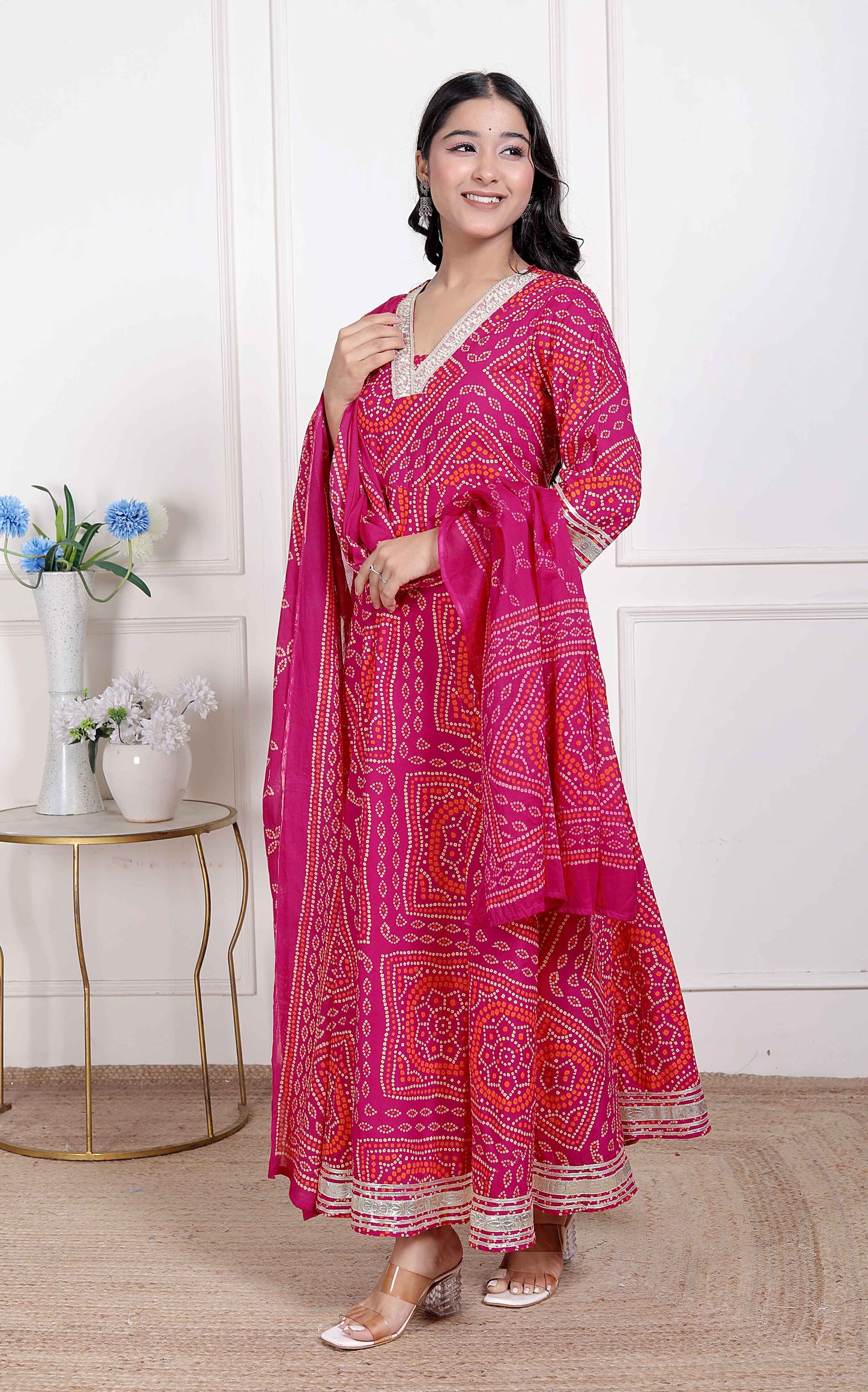 Miravan Women's Bandhani ethnic Anarkali Kurta  and Dupatta