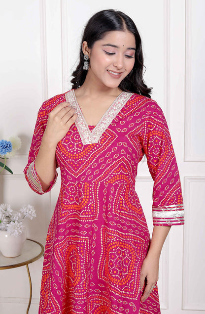 Miravan Women's Bandhani ethnic Anarkali Kurta  and Dupatta