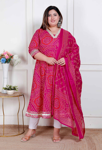 Miravan Plus Size Women's Bandhani ethnic Anarkali Kurta  and Dupatta