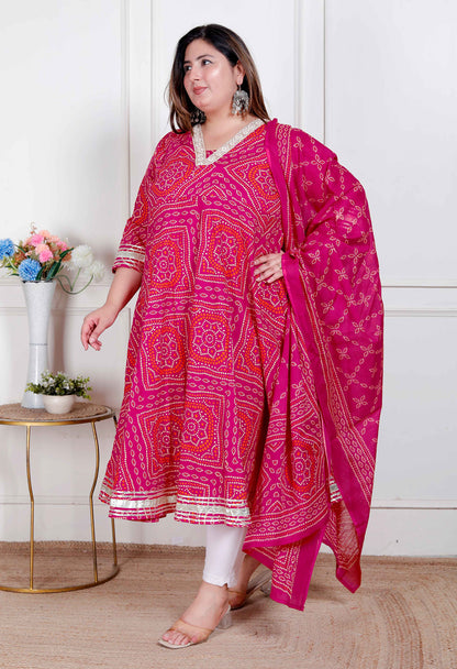 Miravan Plus Size Women's Bandhani ethnic Anarkali Kurta  and Dupatta