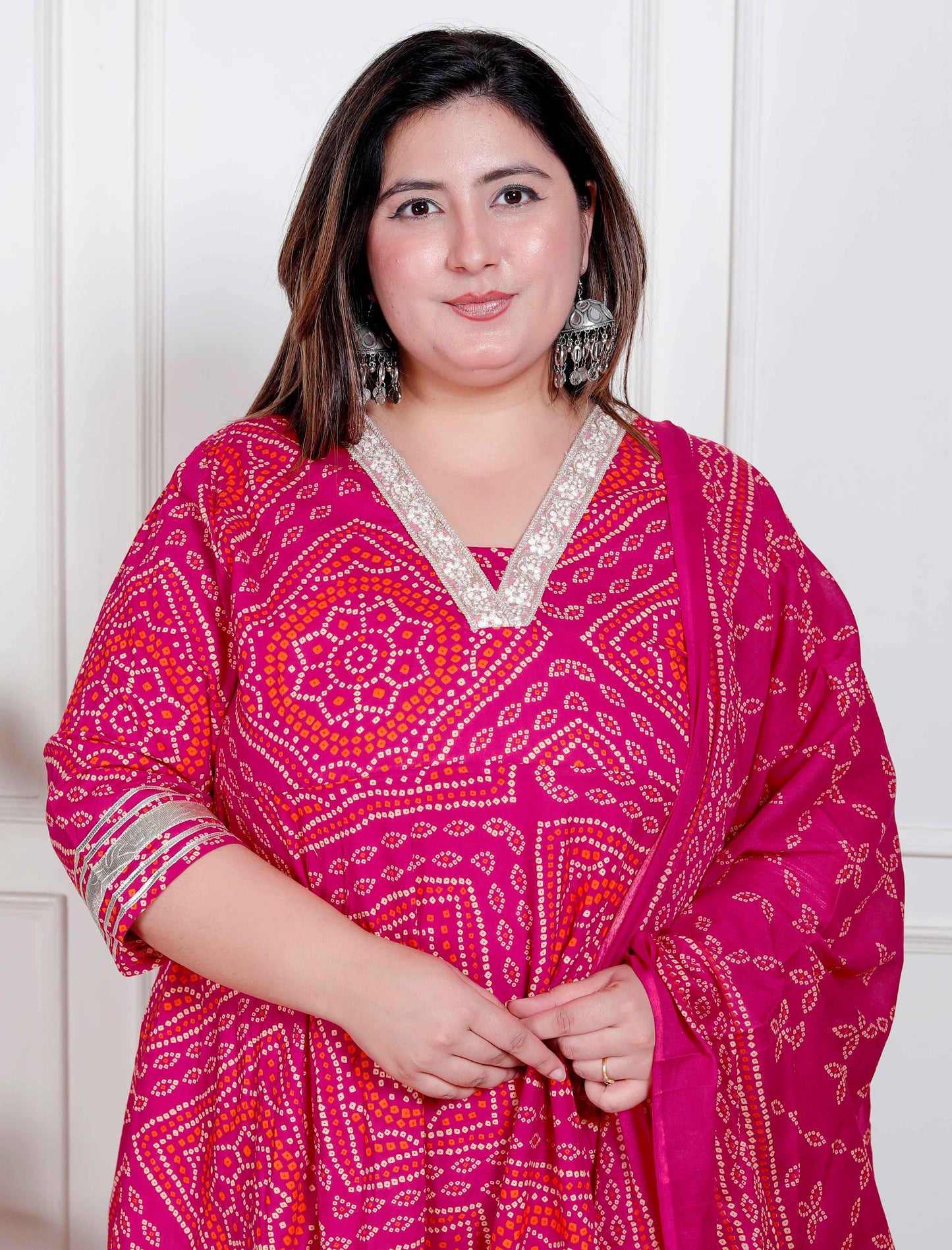 Miravan Plus Size Women's Bandhani ethnic Anarkali Kurta  and Dupatta