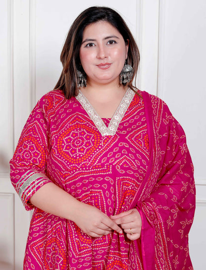 Miravan Plus Size Women's Bandhani ethnic Anarkali Kurta  and Dupatta
