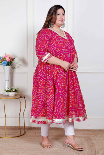 Miravan Plus Size Women's Bandhani ethnic Anarkali Kurta  and Dupatta