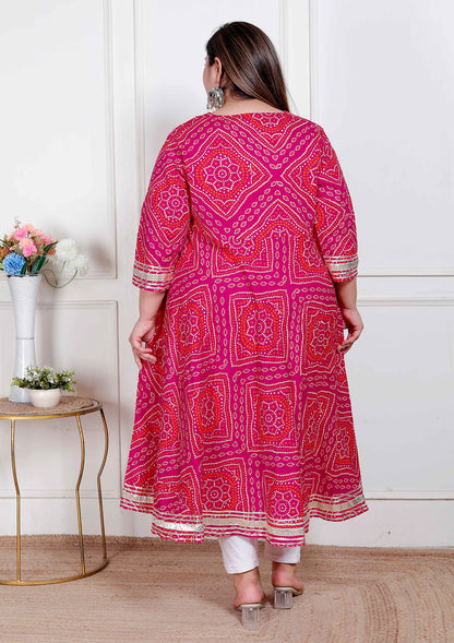 Miravan Plus Size Women's Bandhani ethnic Anarkali Kurta  and Dupatta
