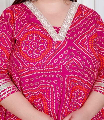 Miravan Plus Size Women's Bandhani ethnic Anarkali Kurta  and Dupatta