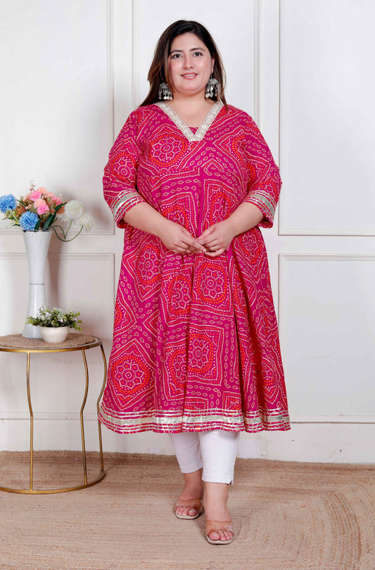 Miravan Plus Size Women's Pink cotton Bandhani ethnic Anarkali Kurta