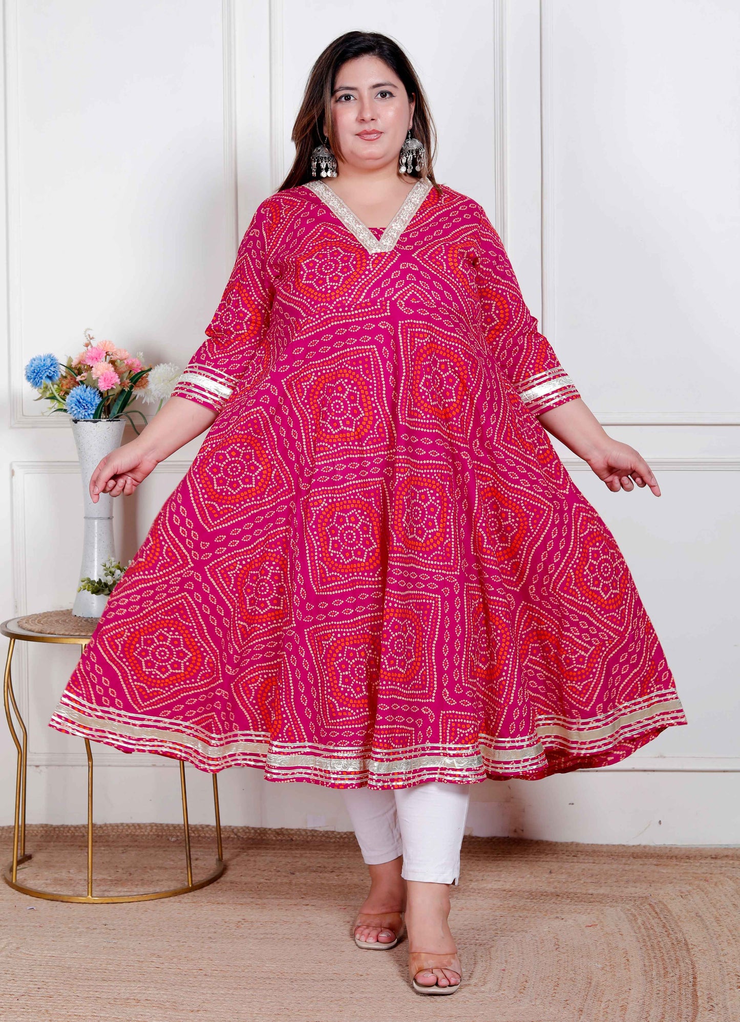 Miravan Plus Size Women's Pink cotton Bandhani ethnic Anarkali Kurta